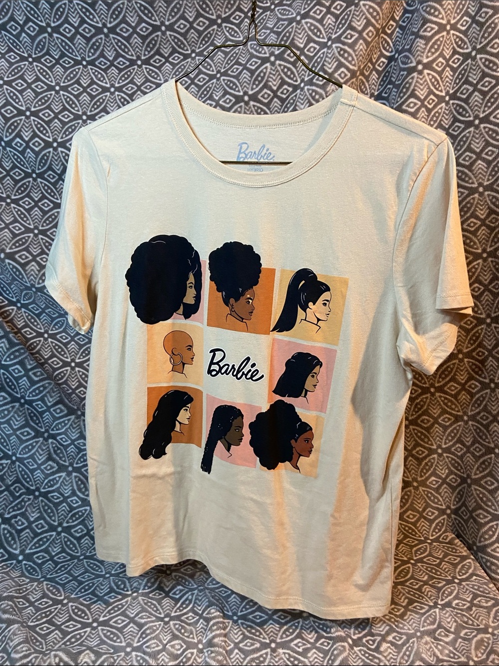 Barbie Cream Graphic Tee with Portraits and Peach/Pink Blocks